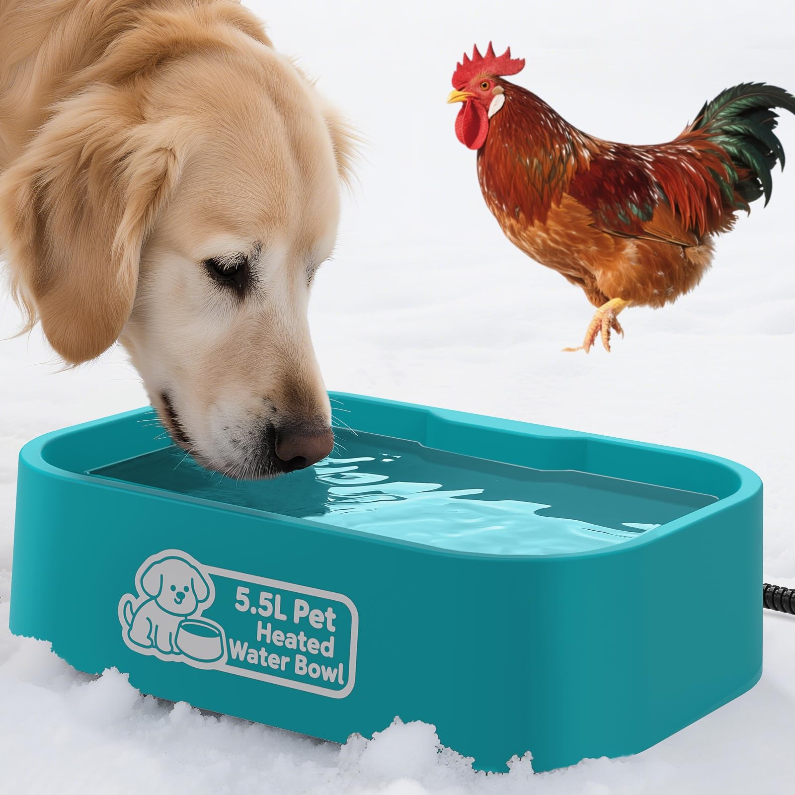 IPOW Pet Heated Water Bowl - 5.5L Extra-Large Rectangular Outdoor XXL, Blue