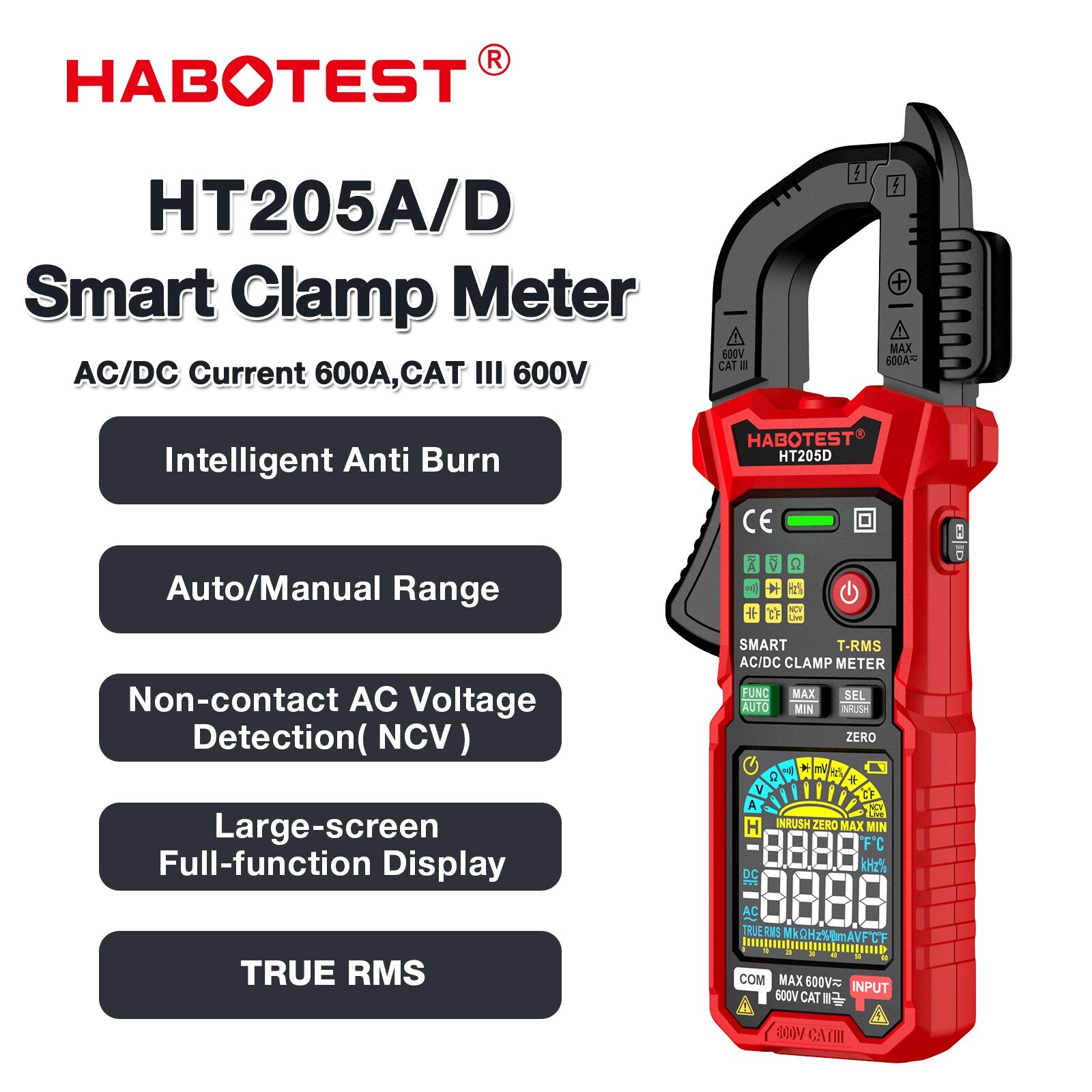 HABOTEST HT205 Digital Multimeter Tester AC DC Volt Clamp Meter Auto Range LCD