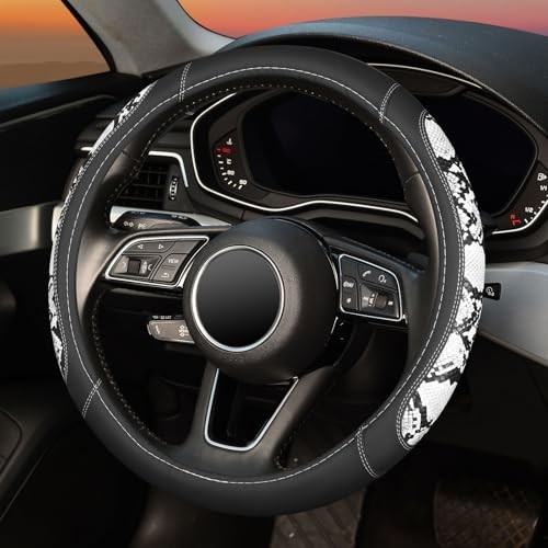 Snake Skin Leather Steering Wheel Cover,Black and White Animal Fur Sport Style