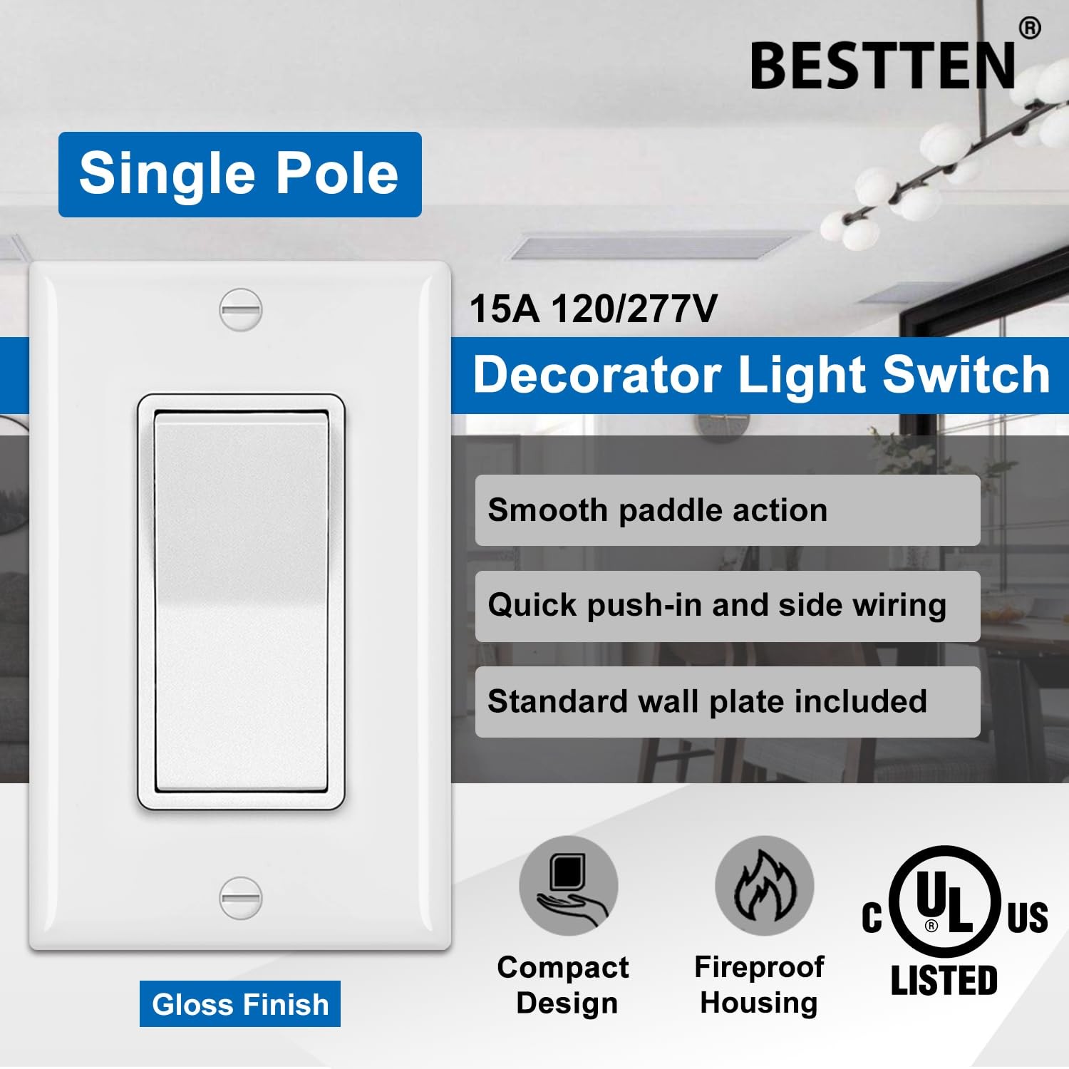 50 Pack BESTTEN Single Pole Decorator Wall Light Switch with Wallplate, 15A