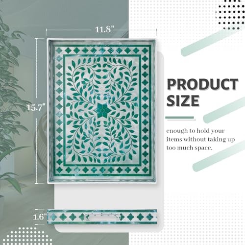 Rectangular Decorative Tray, Plastic Serving 15.7" x 11.8" x 1.6" Floral Green