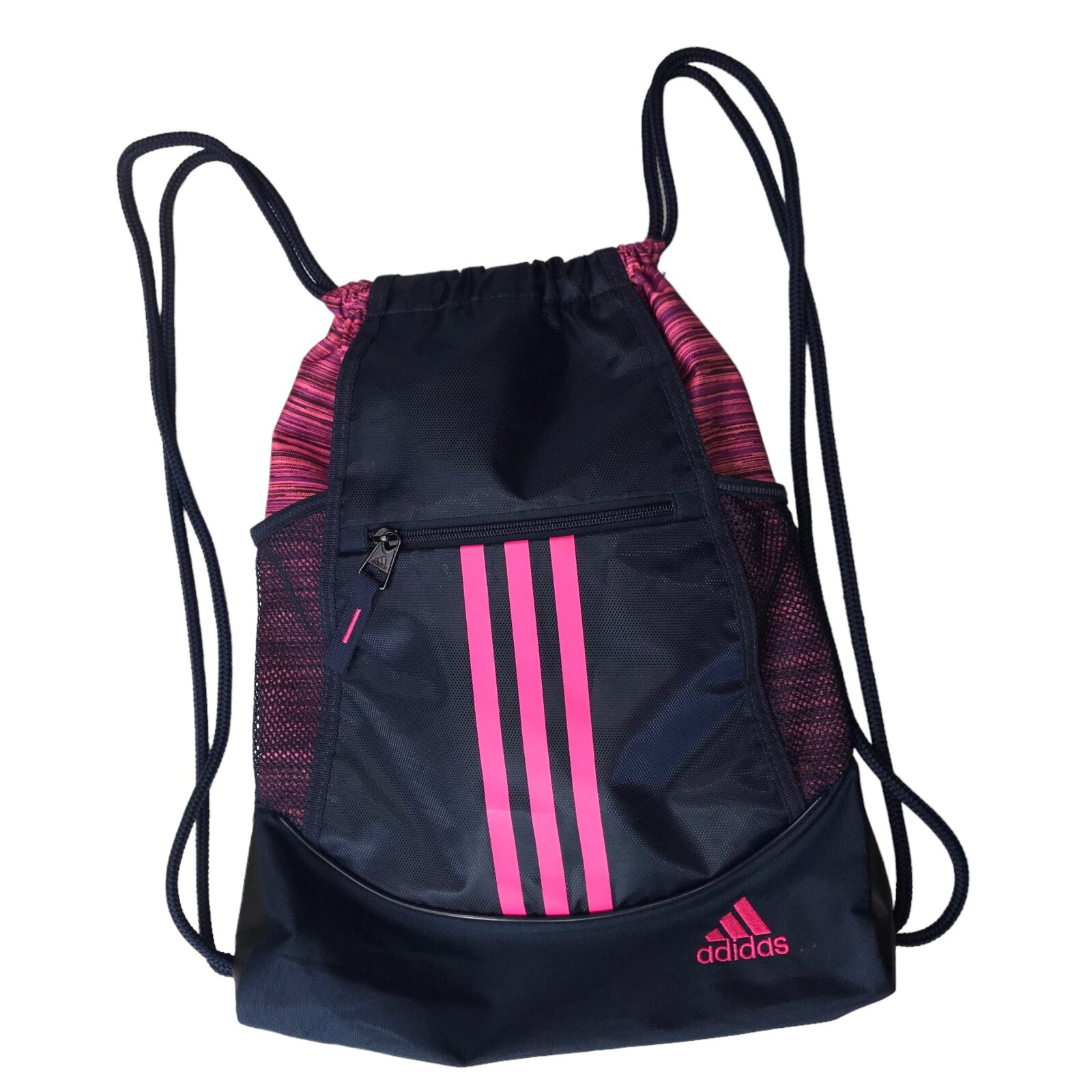 ADIDAS Drawstring Athletic Gym Bag.  Dark Blue with Pink Stripes Zippered Pouch