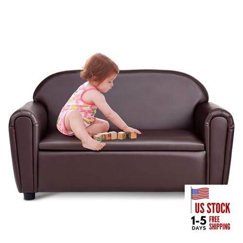 Kids Couch, 2 in 1 Double Seat Children's Sofa w/Under Seat Storage, PU Brown