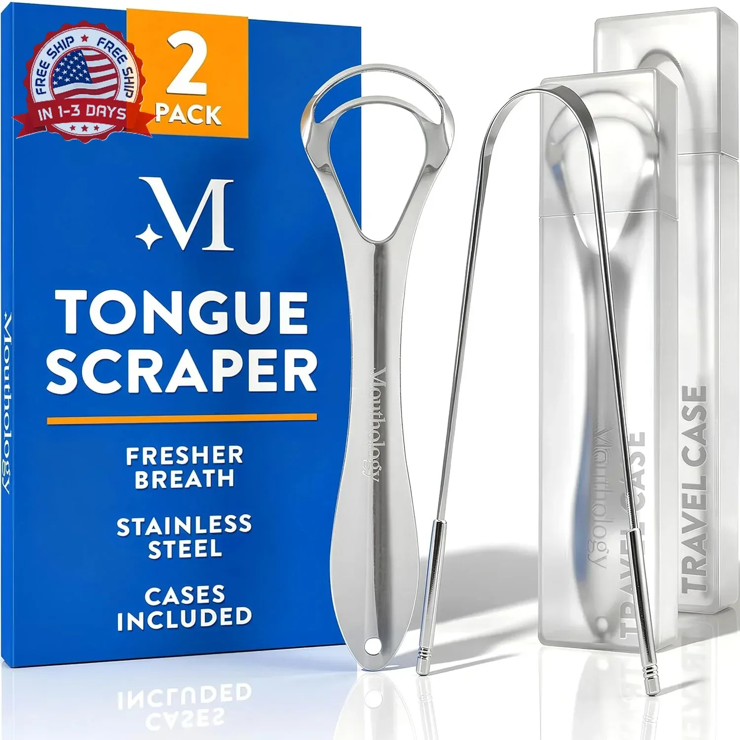 Mouthology Tongue Scraper (2 Pack), Reduce Bad Breath (Travel Cases Included), S