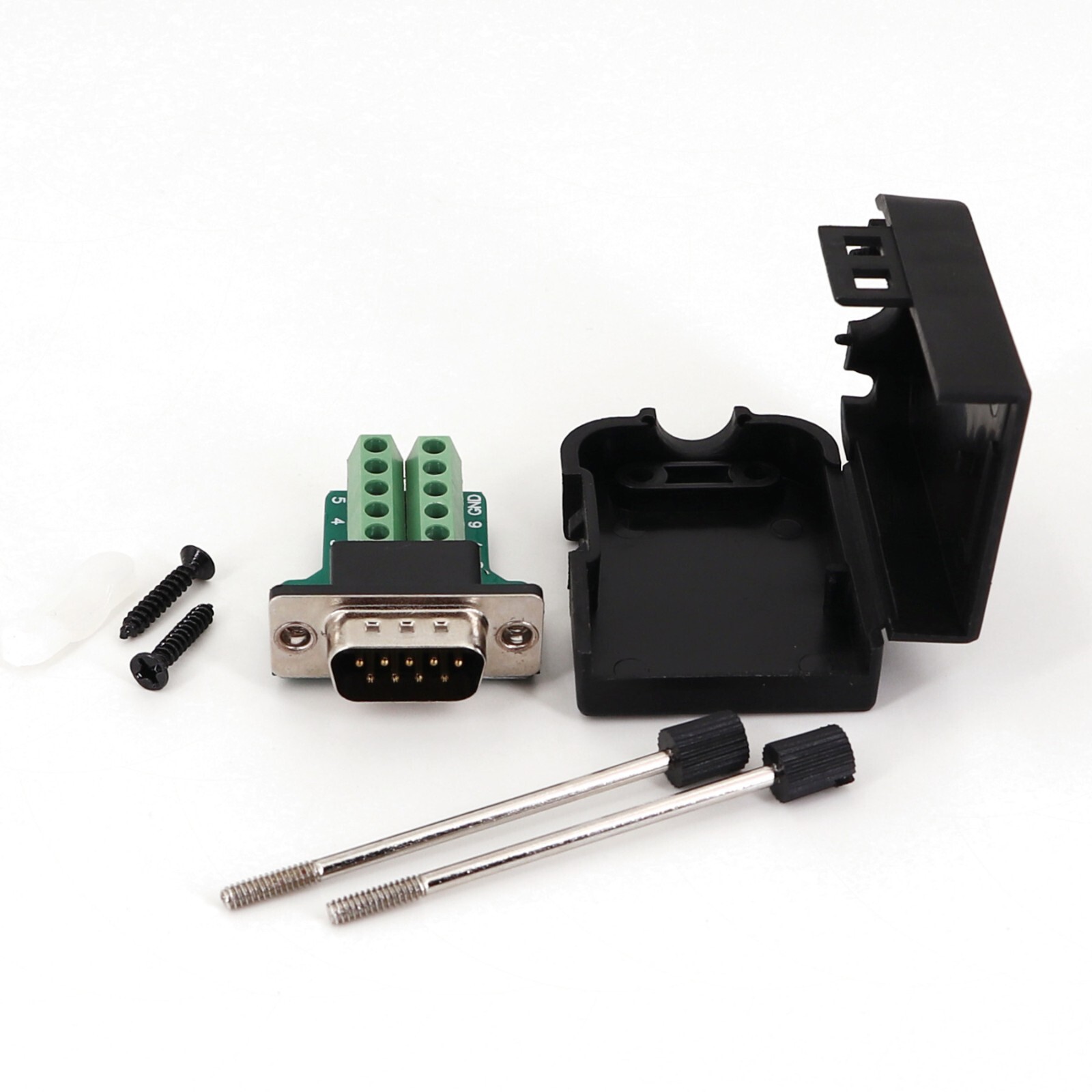 D-SUB DB9 Male Black Cover 9Pin Plug Breakout Terminals Screw Type Connector
