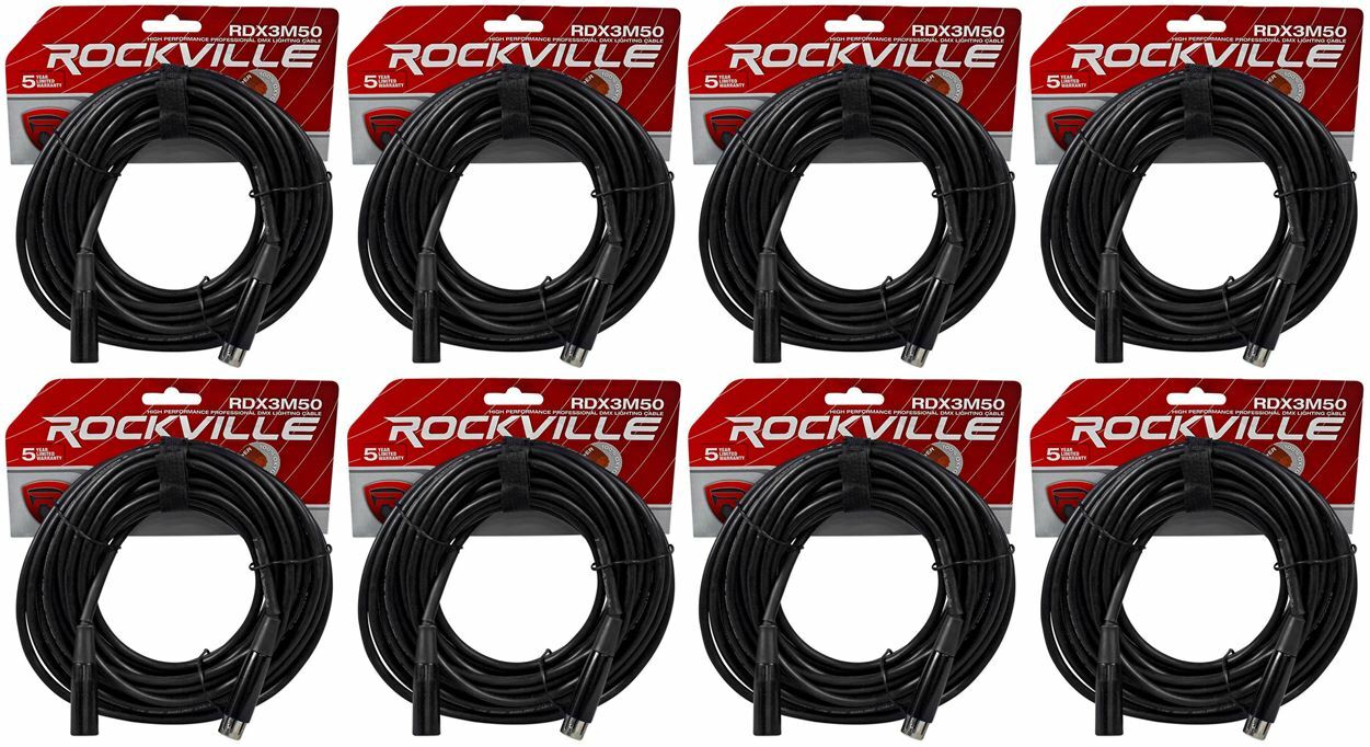 (8) Rockville RDX3M50 50 Foot 3 Pin DMX Lighting Cables 100% OFC Female to Male