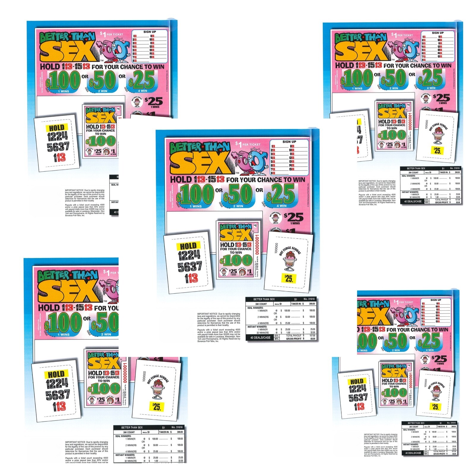 Pull Tab Tickets - Hard Card - Game - 5 Pack - Better Than Sex - 240 ct ea