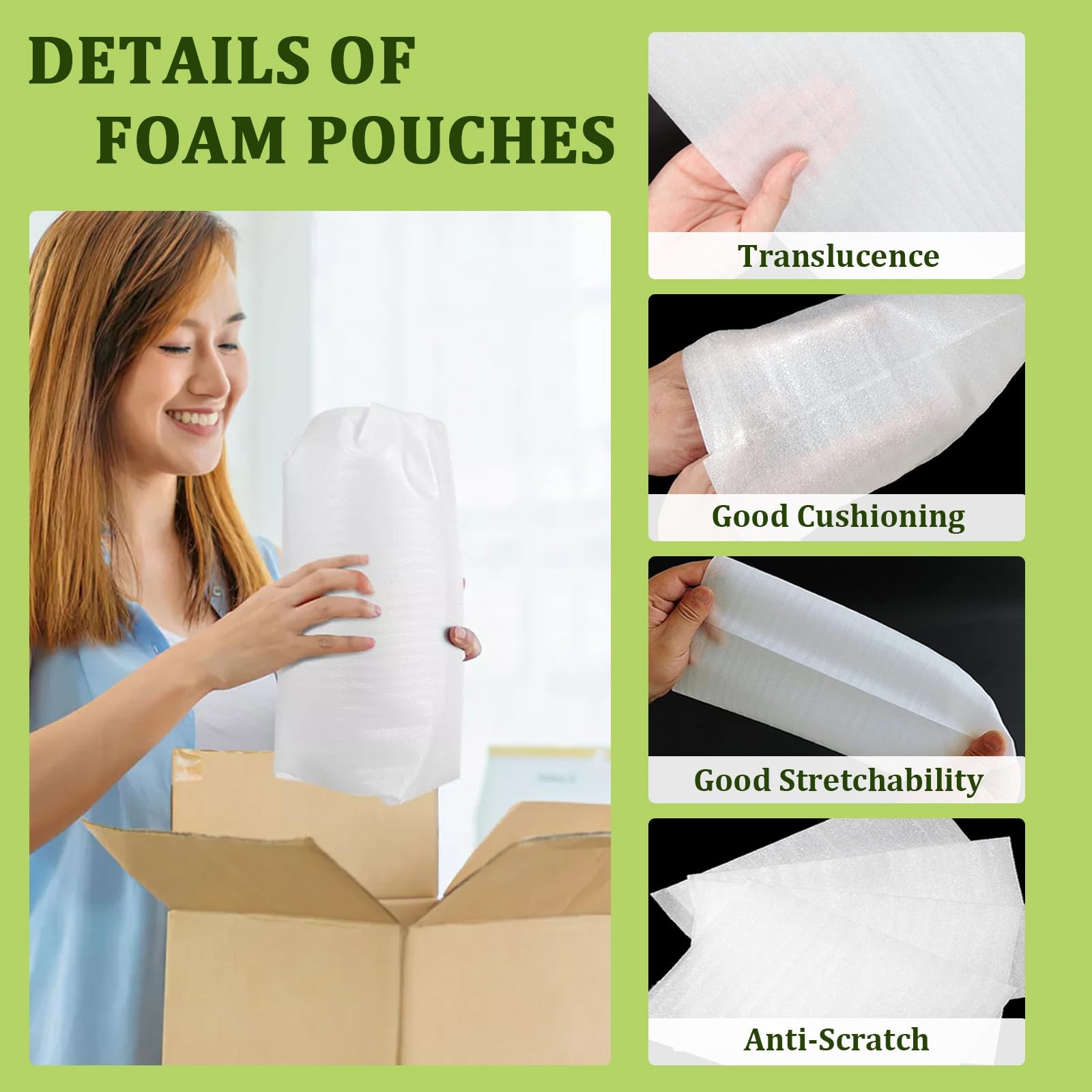 200PCS Cushion Foam Pouches Moving Packaging Supplies 4 Sizes 12x12 10x10 8x8 6x