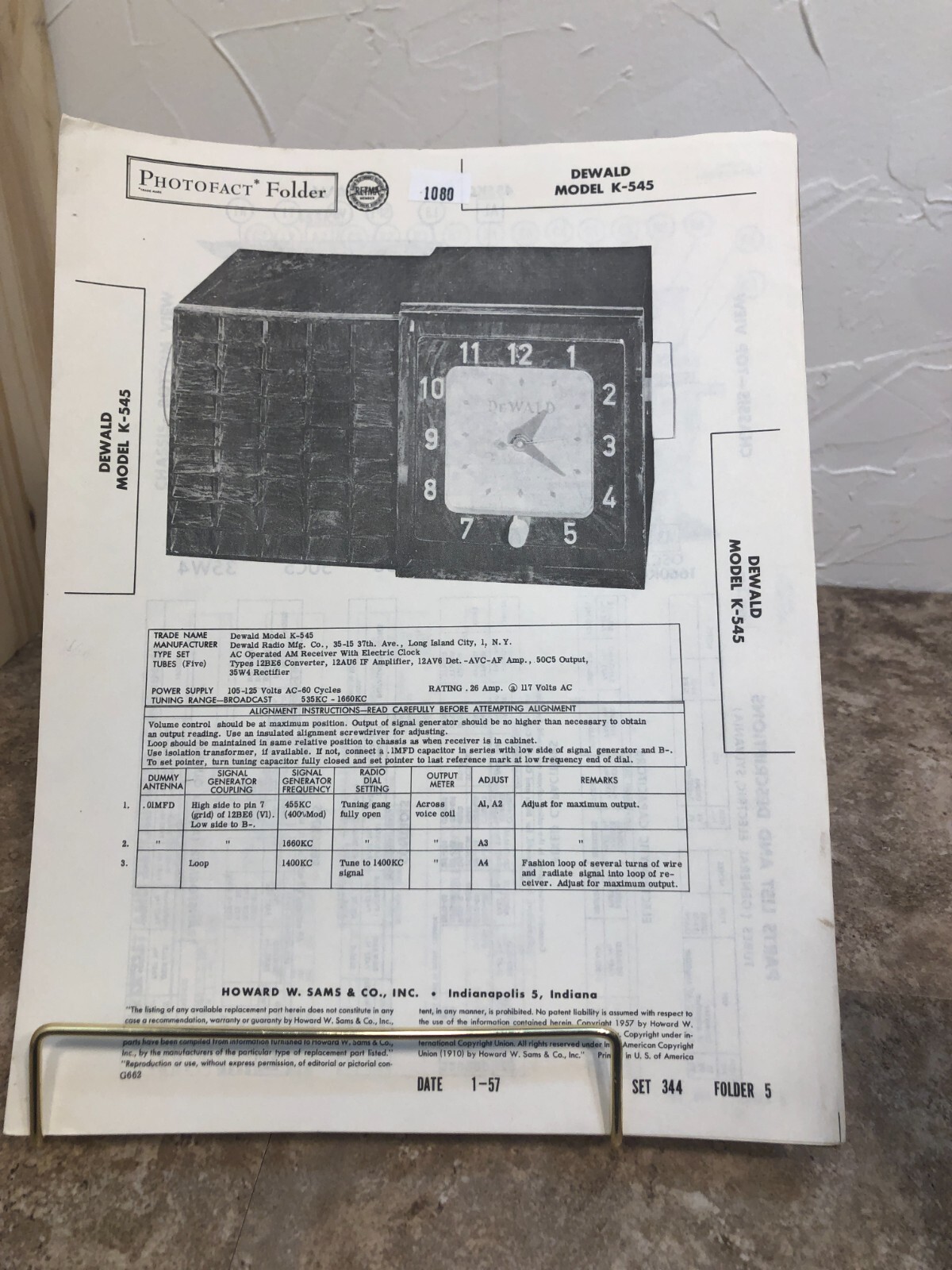 PF 1957 DEWALD AM DESKTOP CLOCK RADIO Model K-545 Repair Data Manual READ