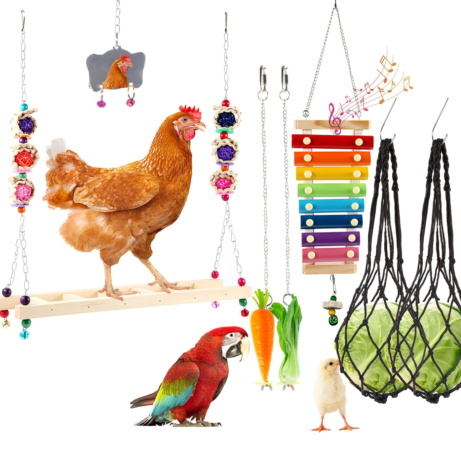 Chicken Toys for Coop Accessories - Swing, Xylophone, Mirror, Feeder, Rack