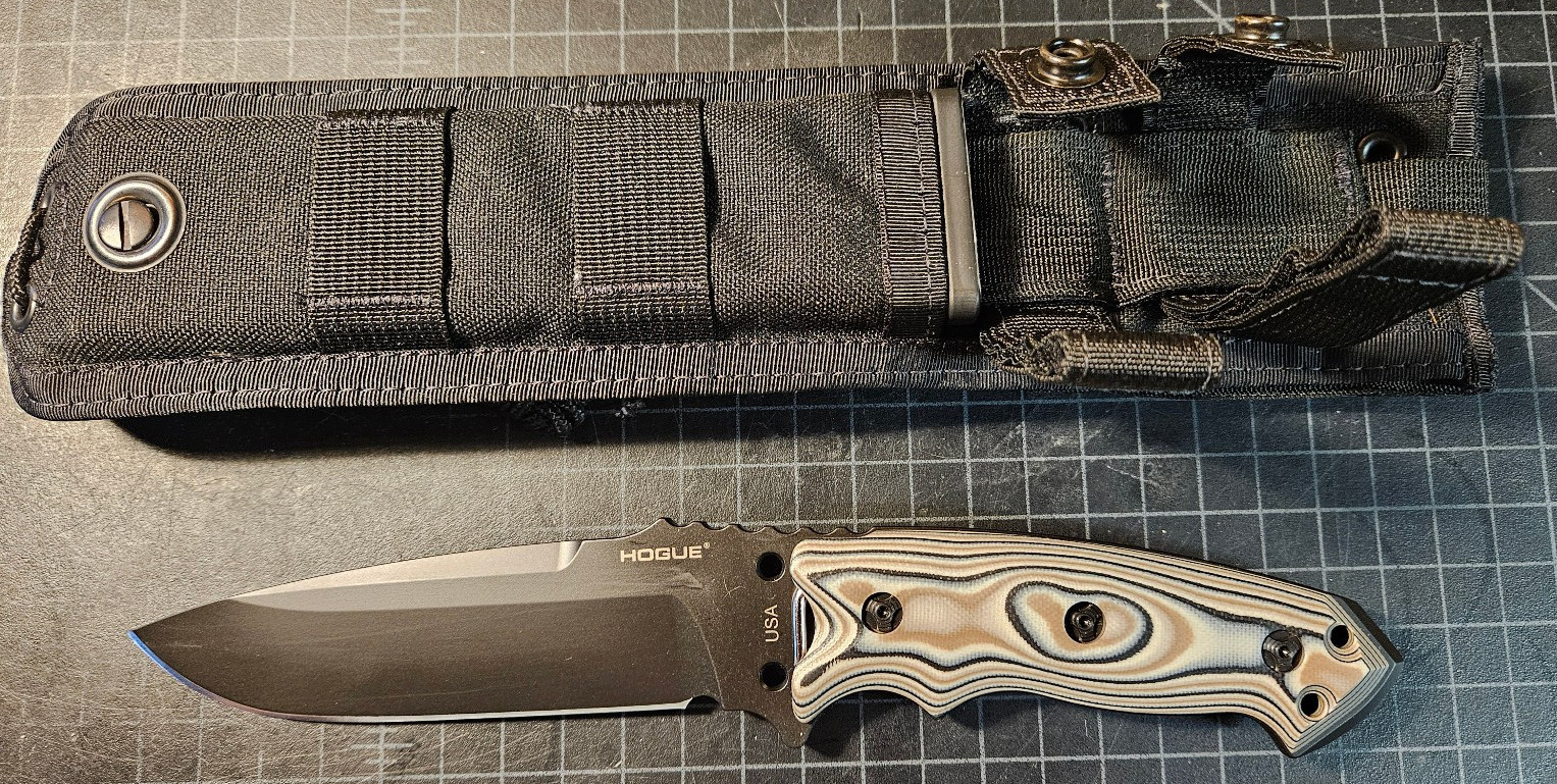 Hogue EX-F01 5.5" Tasctical Drop Point Black G-Mascus Tan A2 Steel Fixed 35177