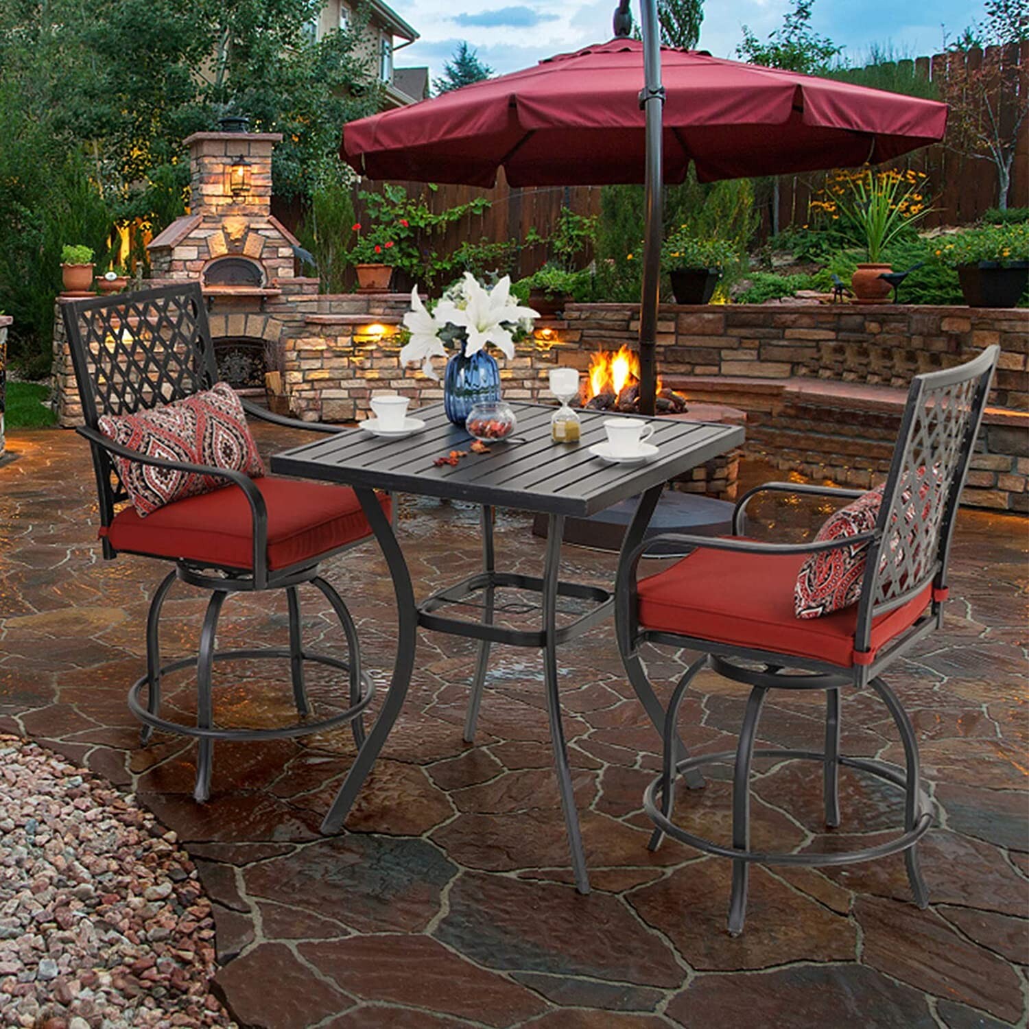 Outdoor Patio Swivel Chairs Set of 2 Bar Height Stools Bistro Set with Cushion