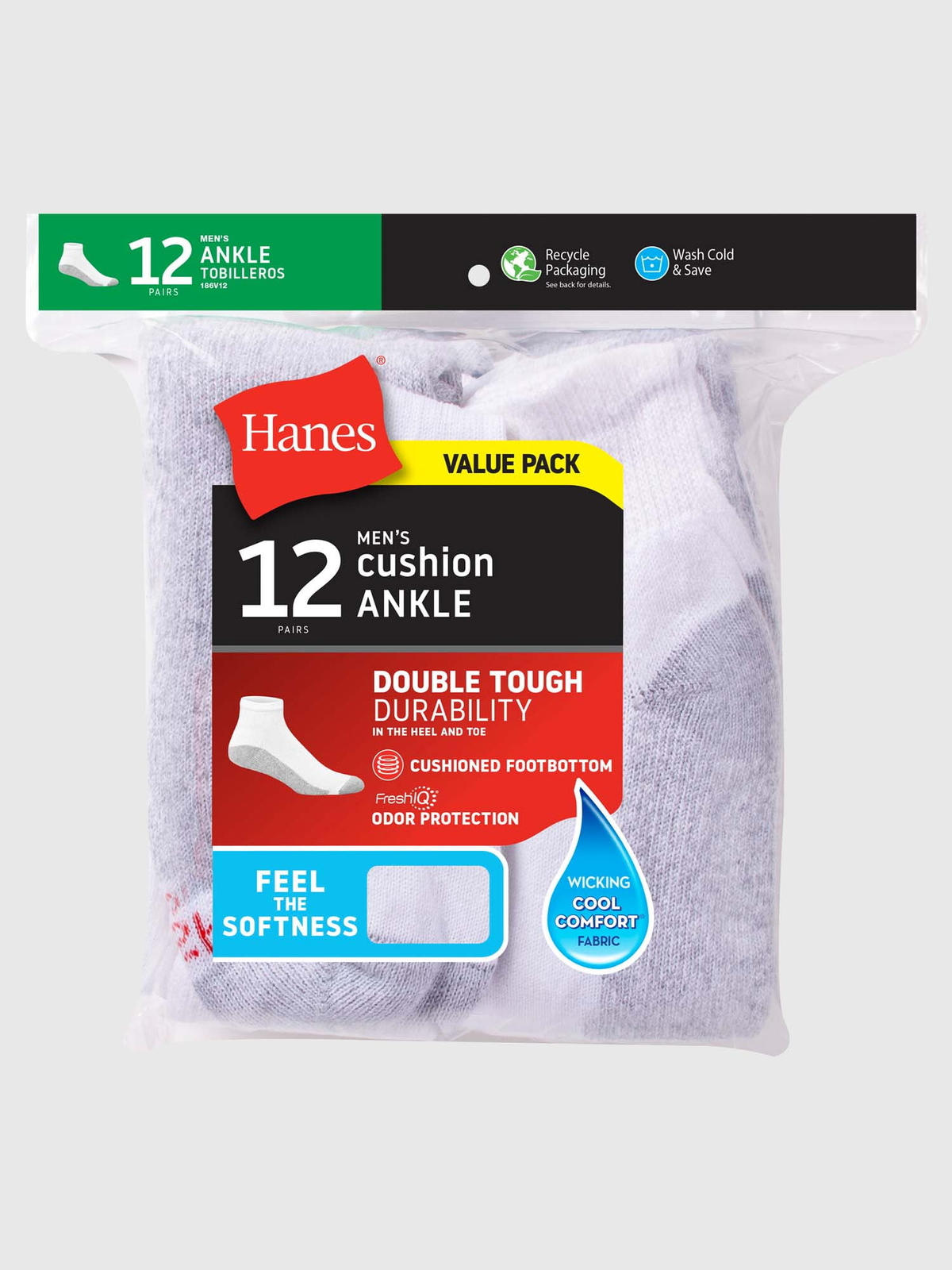 Hanes Men's Double Tough Durability Big & Tall Ankle Socks, 12-Pack