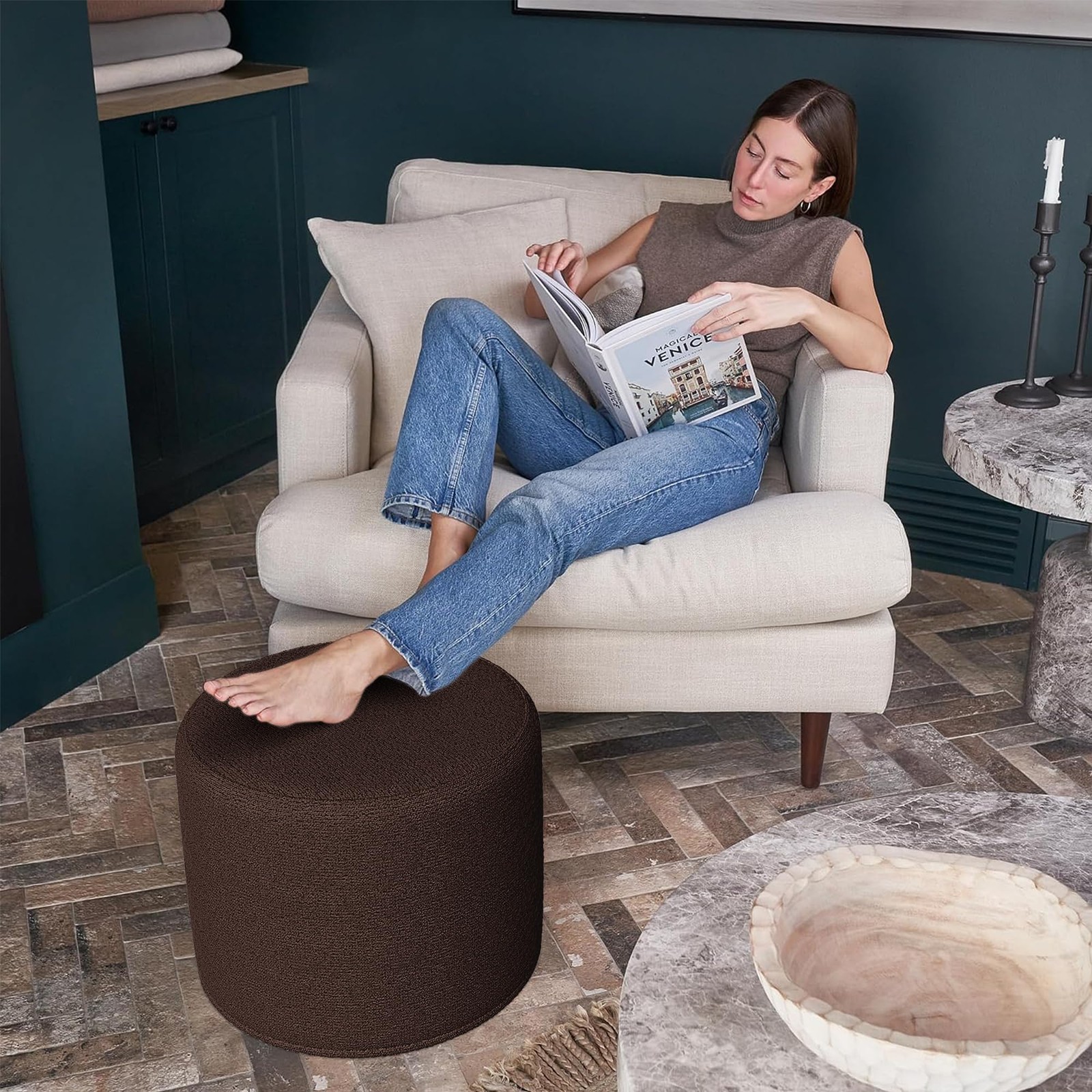 ZICOTO Beautiful Boucle Pouf Ottoman and 17.1"D x 17.1"W x 14"H, Chocolate