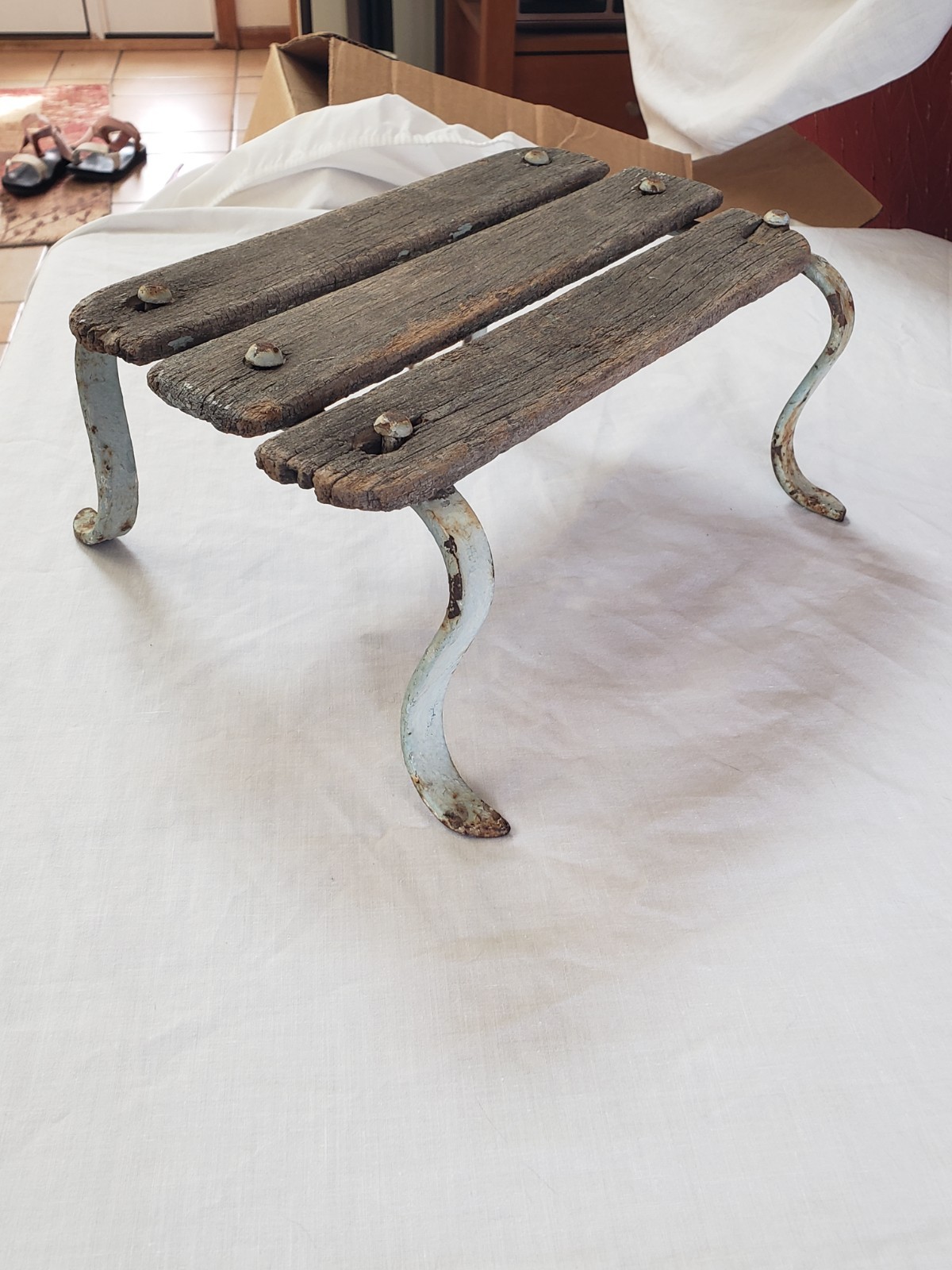 Antique French Wooden, Forged Iron Legs Garden Stool or Footrest