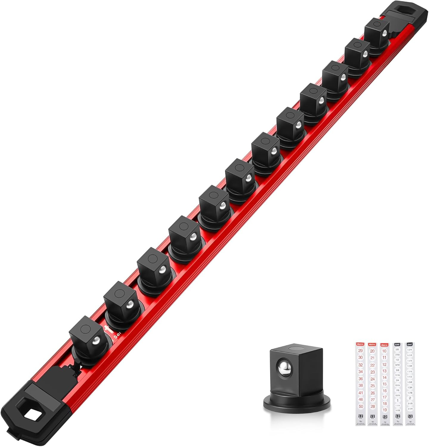 Magnetic Socket Organizer 1/2 Drive Aluminum Rail 12 Swivel Clips Red Heavy Duty