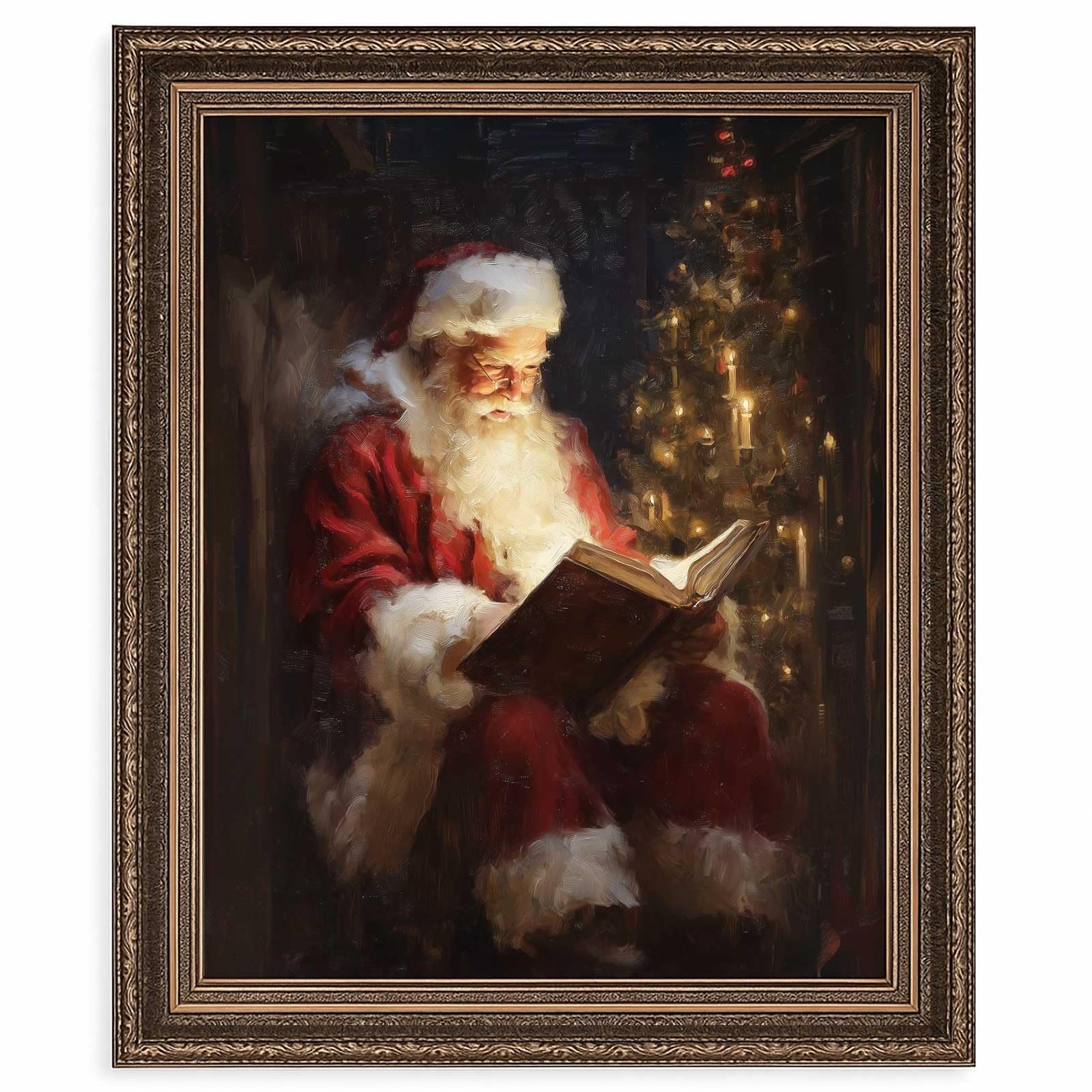 Vintage Santa Claus Reading Wall Art Print, Christmas Oil 10"L x 10"W, white