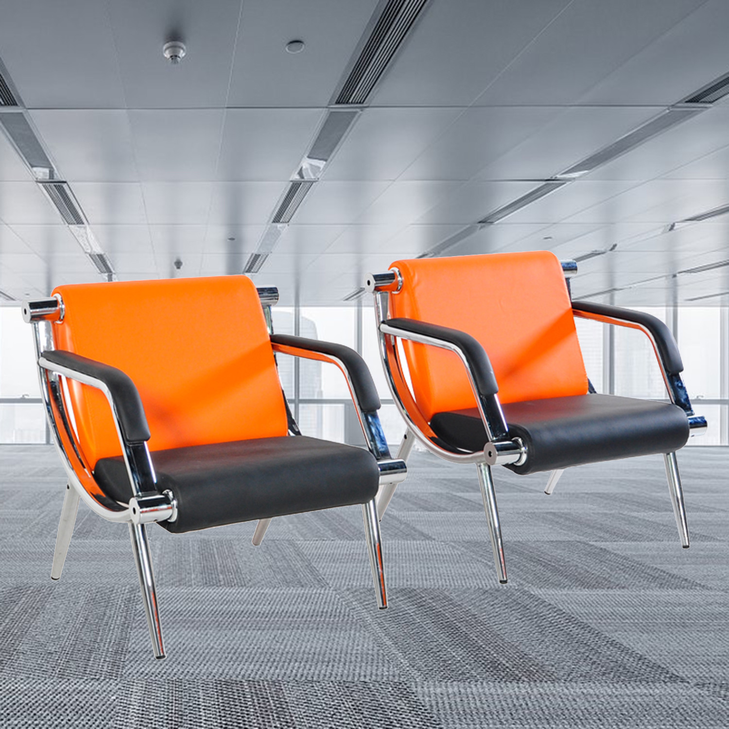 2 PCS Office Reception Waiting Room Chairs PU Leather Airport Guest Salon Bench
