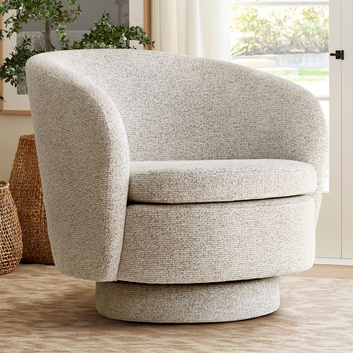 2PCS 360 Swivel Barrel Accent Chair Textured Woven Fabric Upholstered Armchair