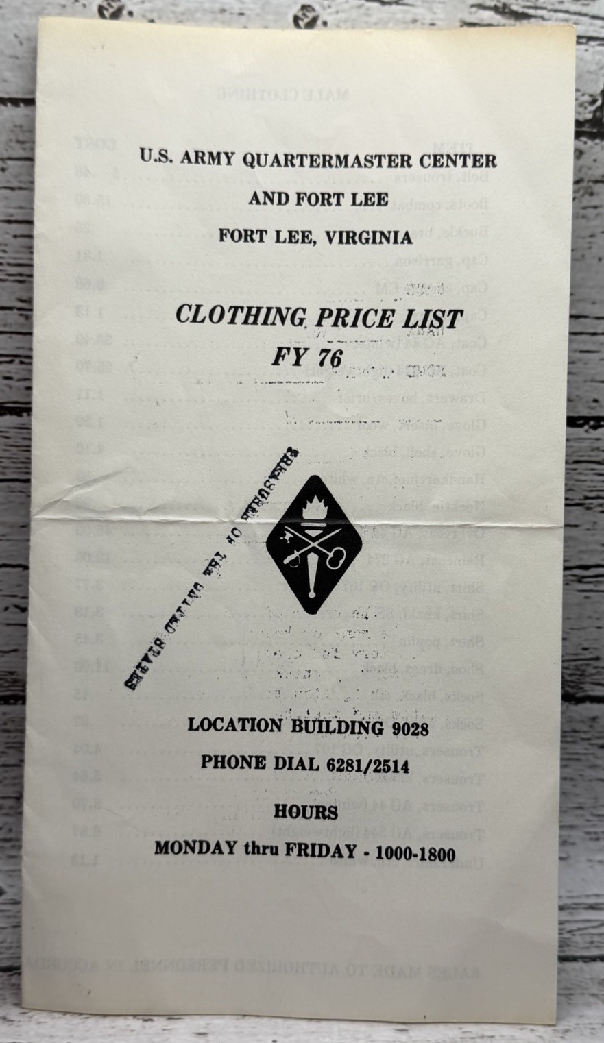 US Army Quartermaster Clothing Price List FY 1976 Ft Lee VA Flyer Military Vtg