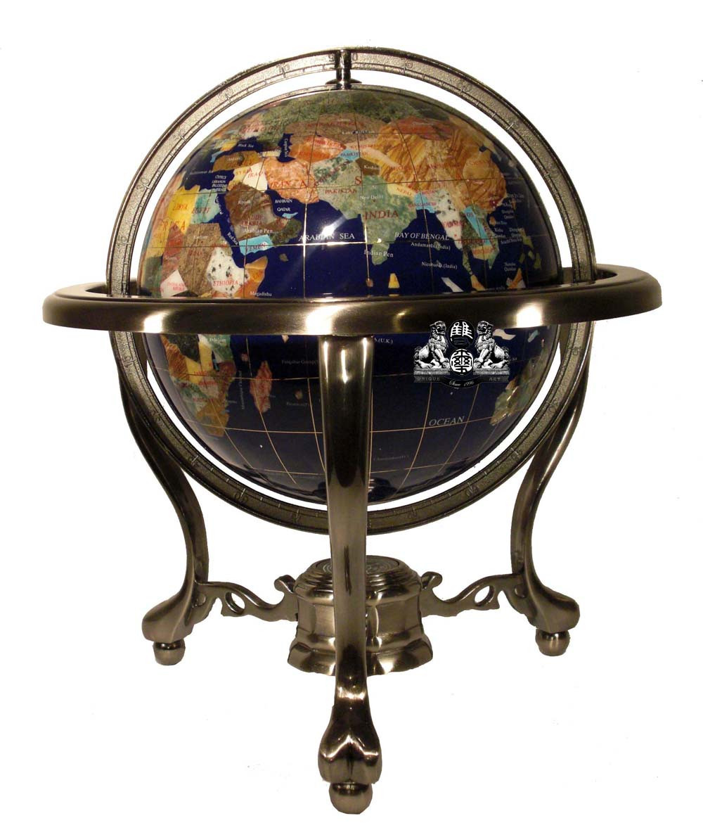 14" Blue Ocean Silver 3- leg table stand Gem MOP Gemstone World MAP globe