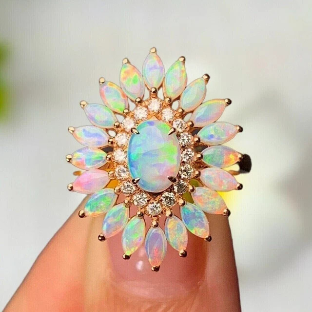 3Ct Natural Fire Opal Oval Cluster Flower Wedding Ring 14K Yellow Gold Plated