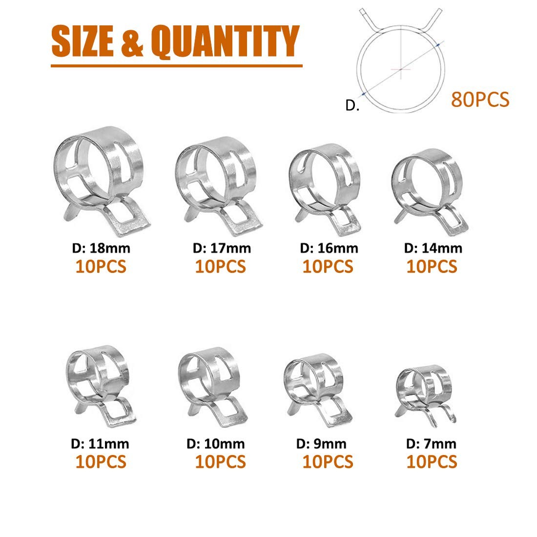 ISPINNER 80pcs Spring Band Type Hose Clamp - 80pcs, Silver