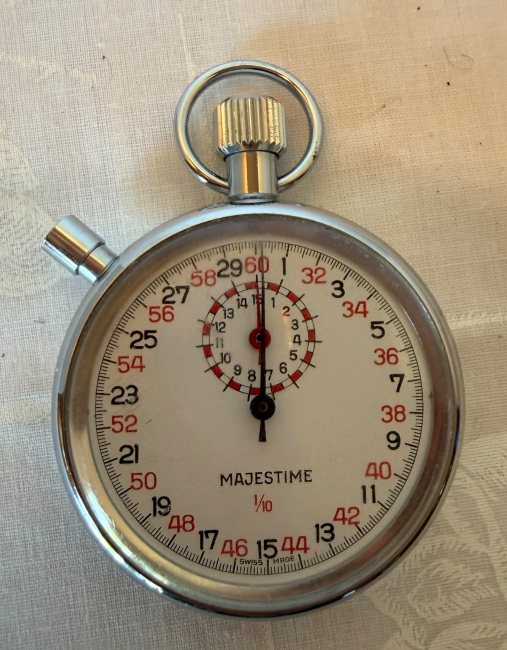 Swiss Made Majestime 1/10 Mechanical Wind Up Stop Watch Silver Tone Working