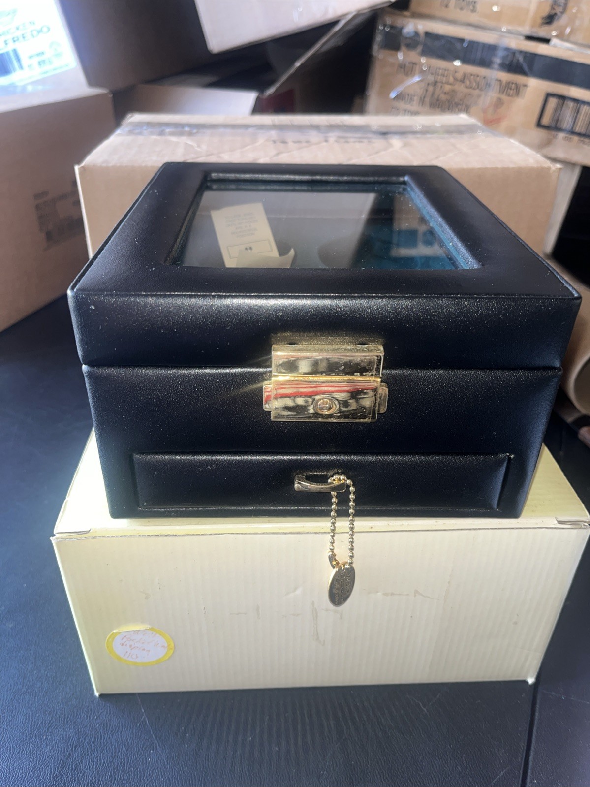 Wolf 4 Piece Watch Box Case w/Glass Lid - Black Leather With Key