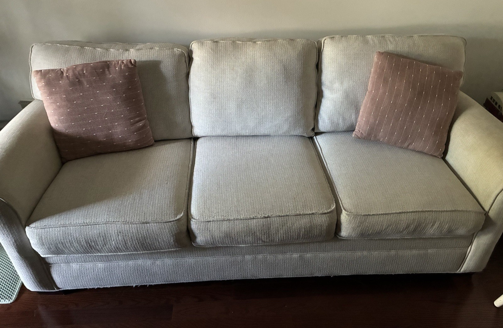 Beige 3-Seater Sofa with Accent Pillows, High Back, Classic Round Arms