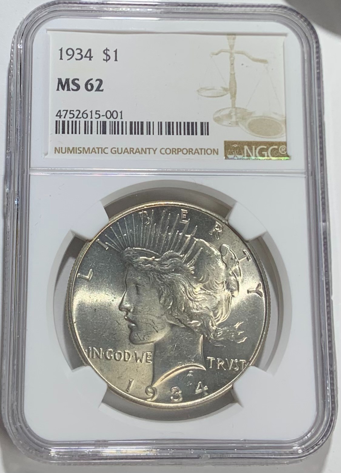 1934 Silver Peace Dollar NGC MS 62 - Gorgeous Luster and Tremendous Appeal!