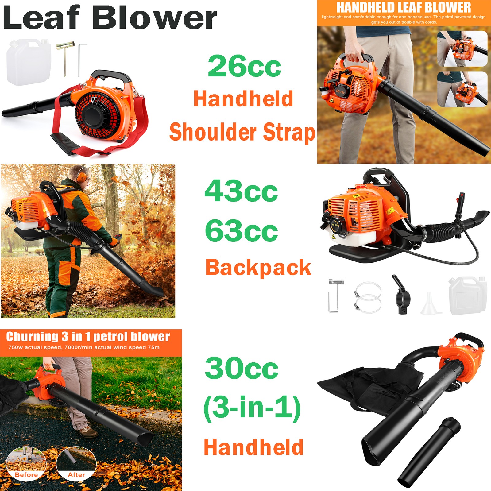 🧡Air Leaf Blower Gas Powered Snow Blower 665CFM 26CC/30CC/43CC 2-Stroke Engine