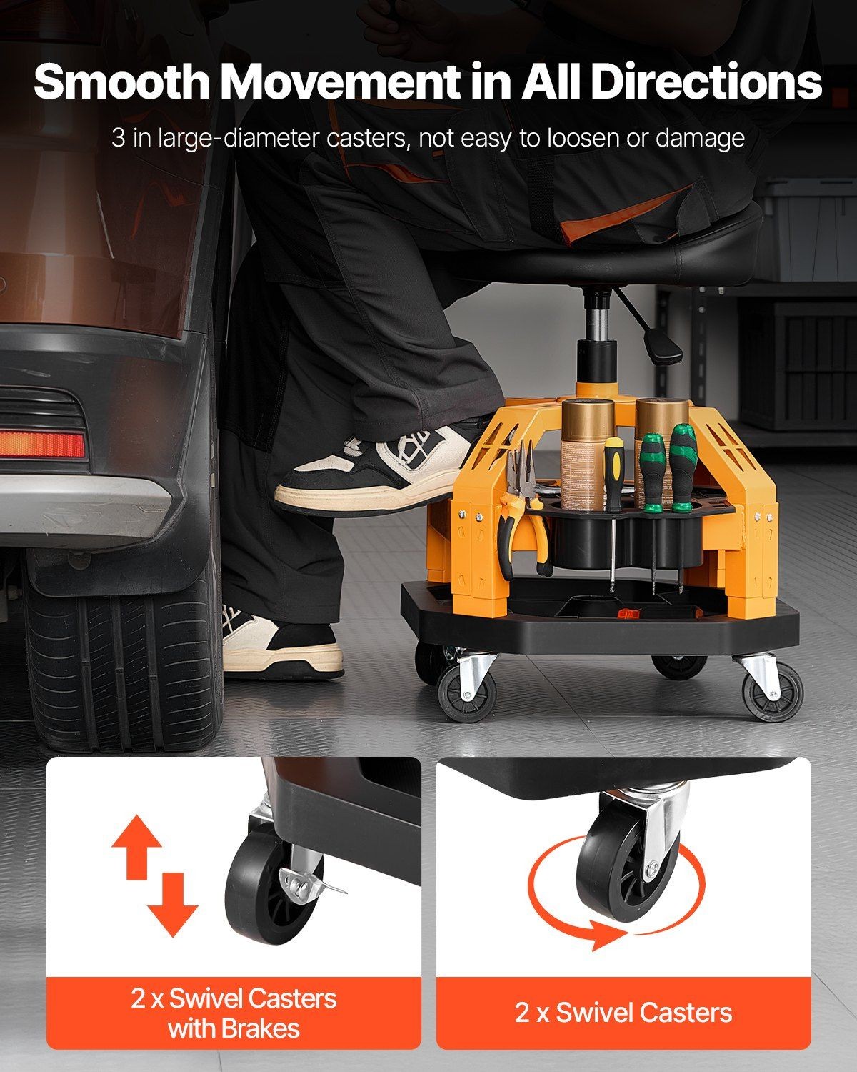 Rolling Shop Stool Heavy-Duty Garage Work Seat 300 lbs Load with Caster