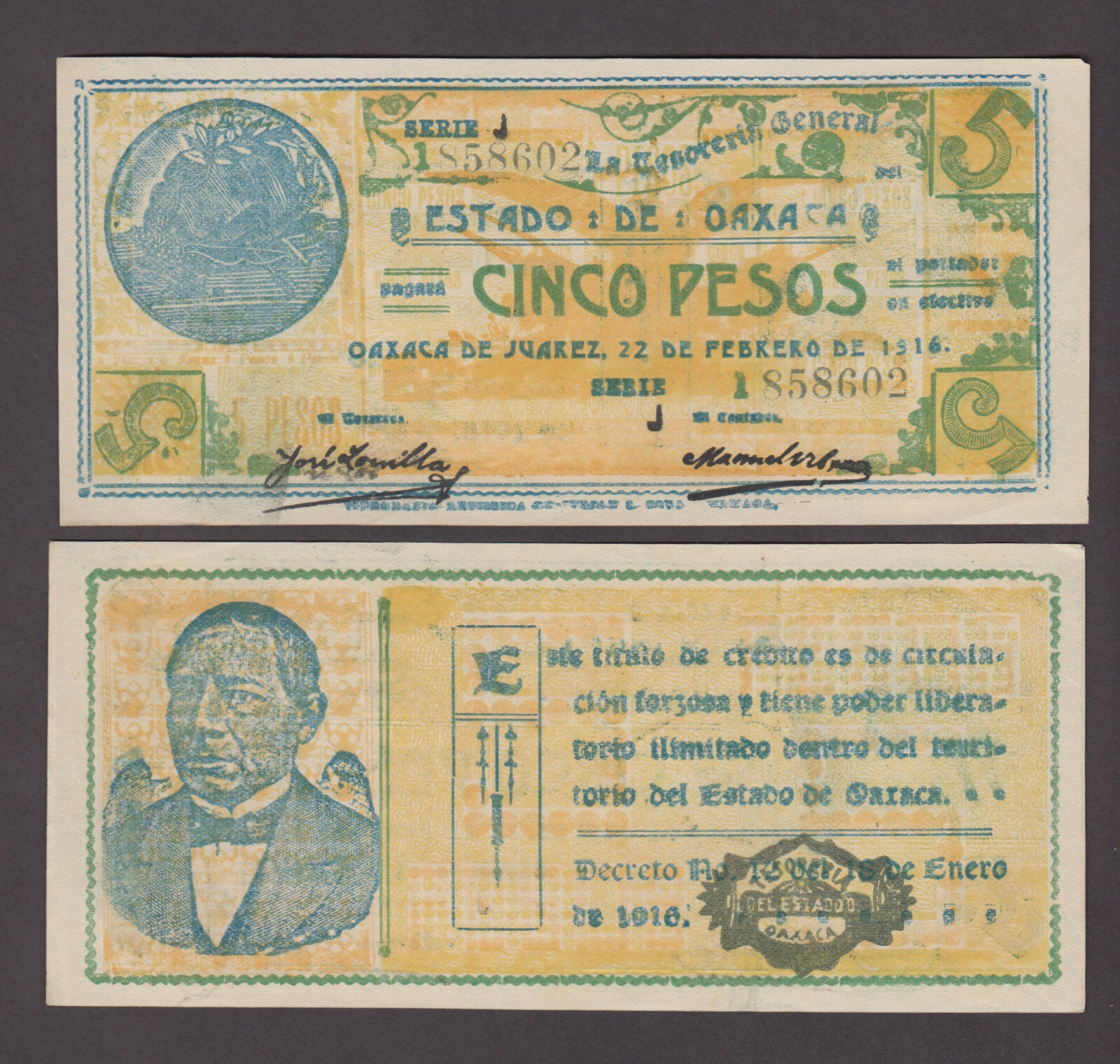 MEXICO-OAXACA P.S-954  5 PESOS 22.2.1916 SERIE J  ALMOST UNCIRCULATED  2203