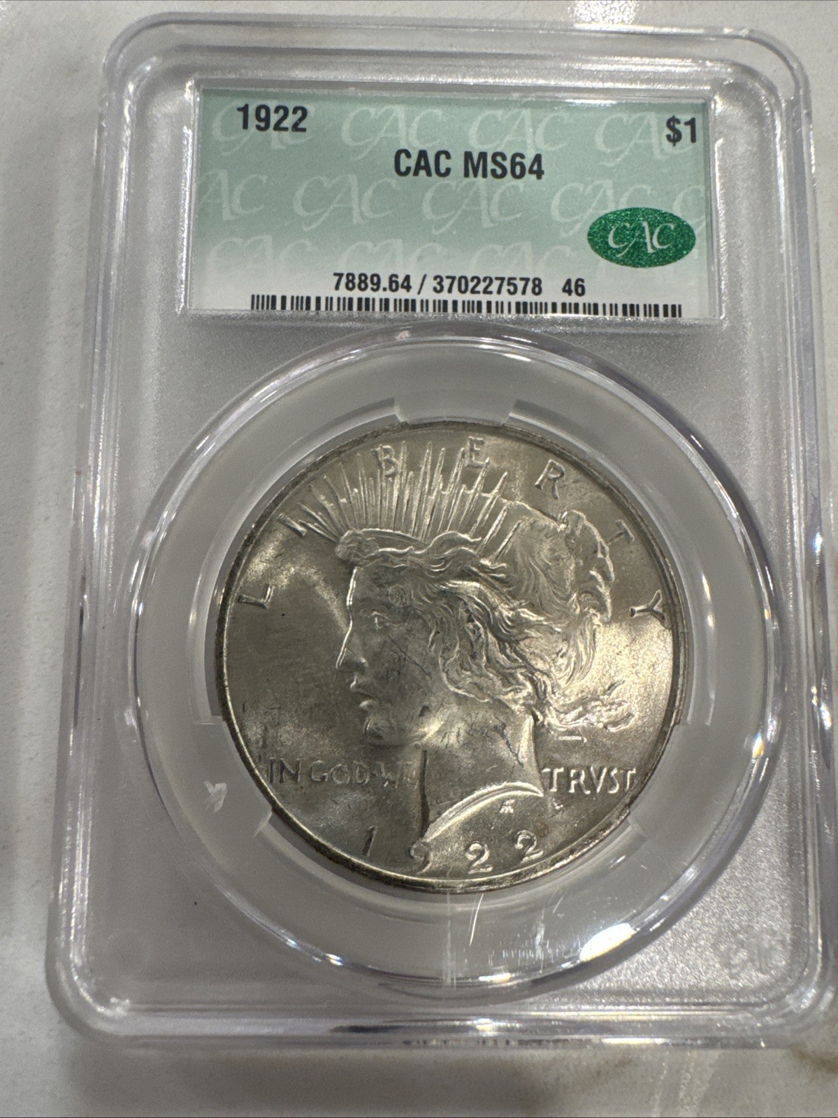 1922 Philadelphia Silver Peace Dollar $1 Cac Ms64 Mint Unc