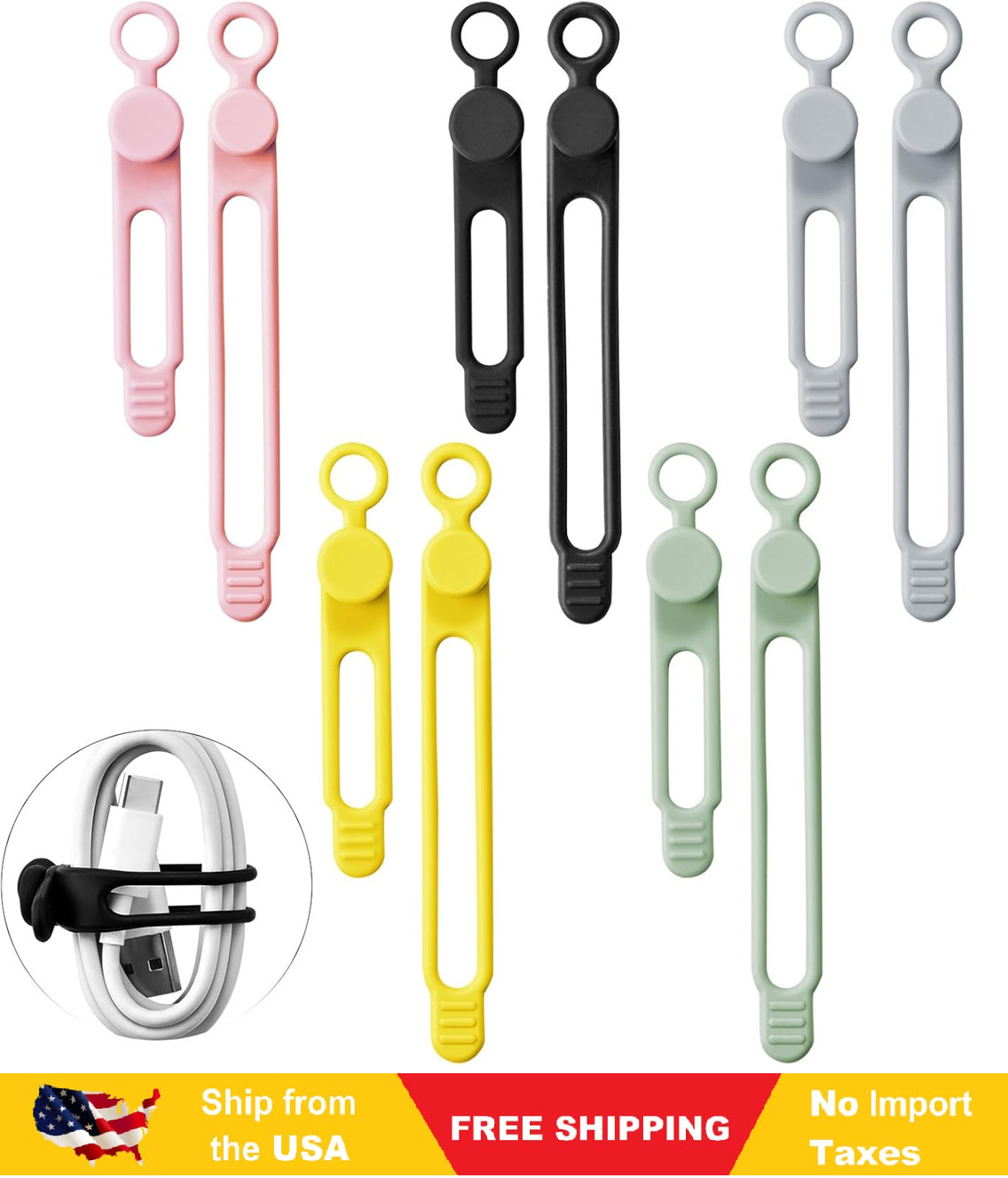 10Pcs Reusable Silicone Cable Ties–Adjustable Cord Organizer with Locking Buckle