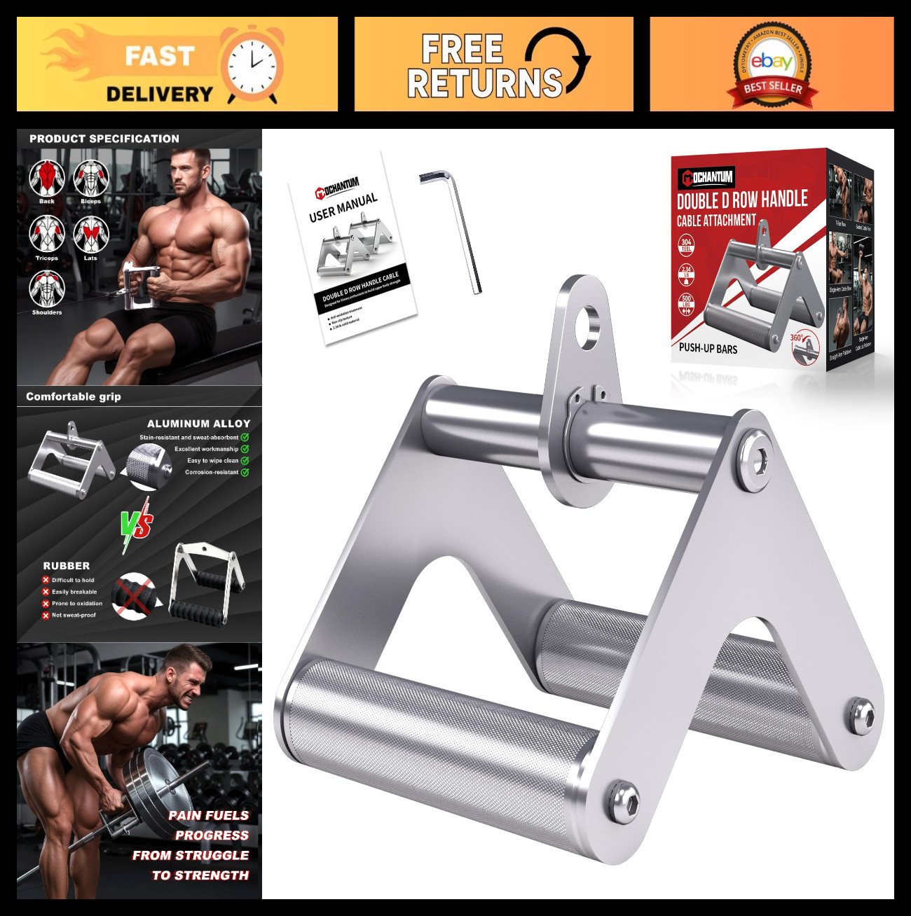 Double D Row Handle - 500 lb Capacity, Stainless Steel Grip, 360° Swivel, Univer
