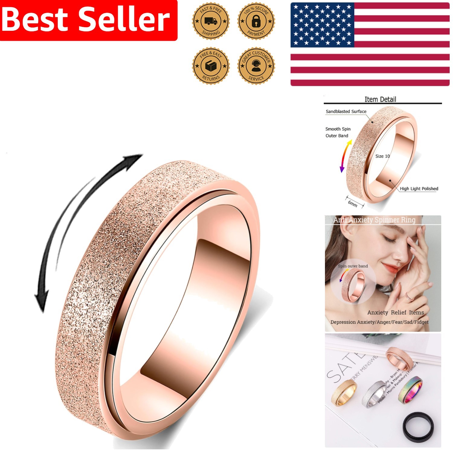 Anxiety Ring Spinner Titanium Steel Fidget Women Men Stress Relief Band 6MM