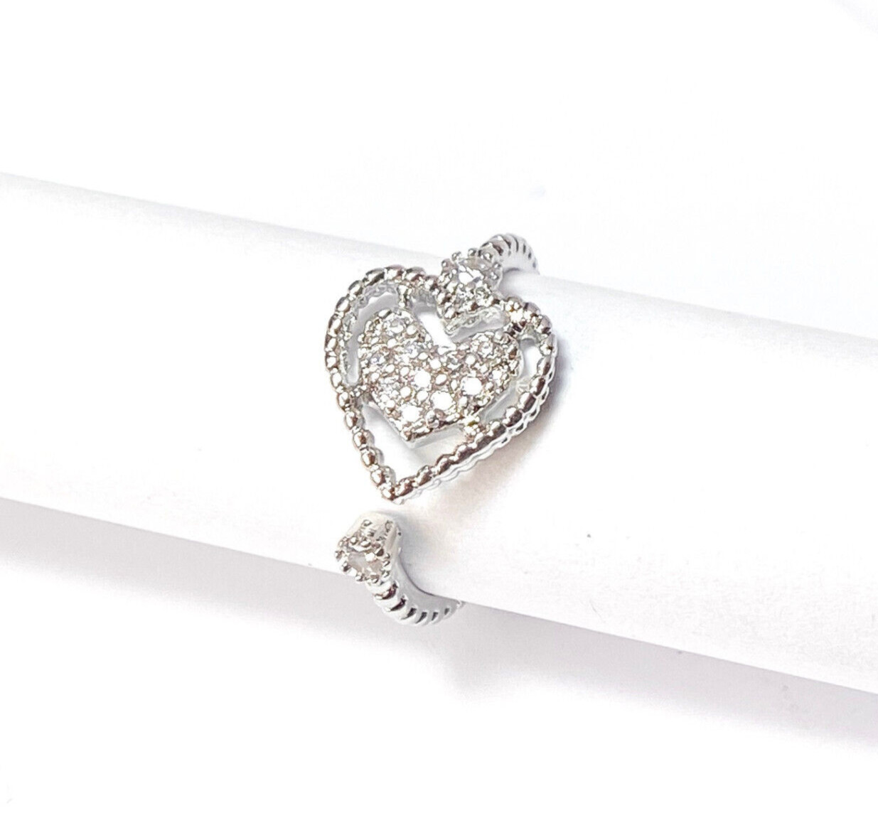 Heart Inside of Hollow Heart Multi-Paved CZ Gems Adjustable Mid Ring / Toe Ring