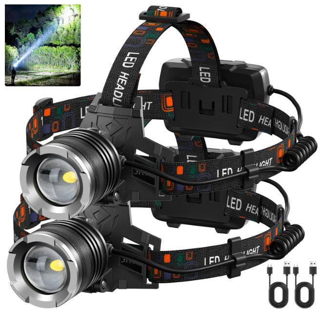 Linterna Frontal LED Recargable 3000LM 5 Modos USB Impermeable 2PCS