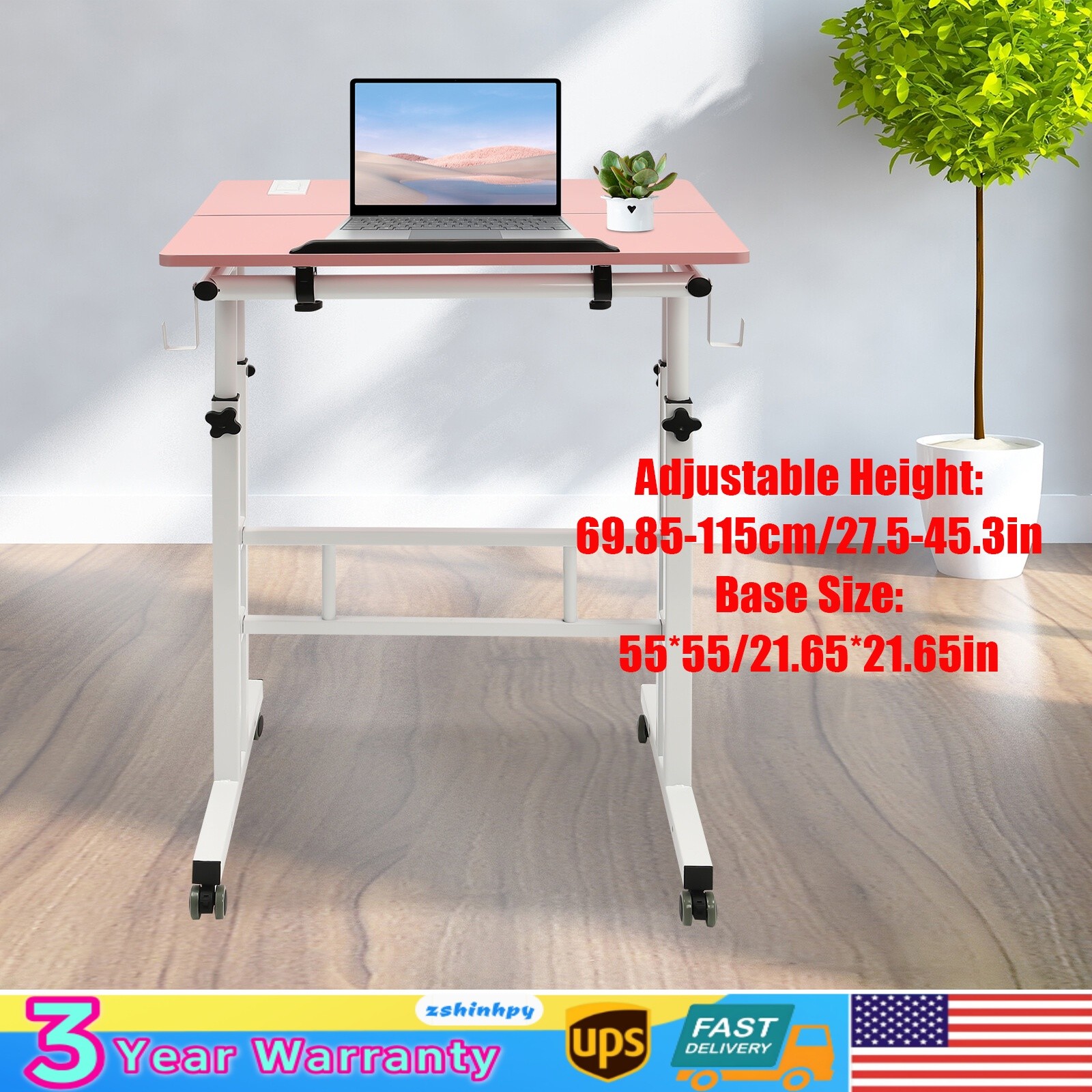 Rolling Laptop Desk Adjustable Height Office Laptop Table Stand up Workstation