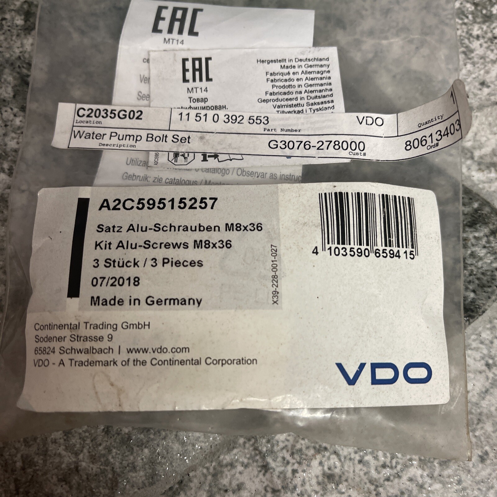 Vdo A2C59515257 Water Pump Screw Kit