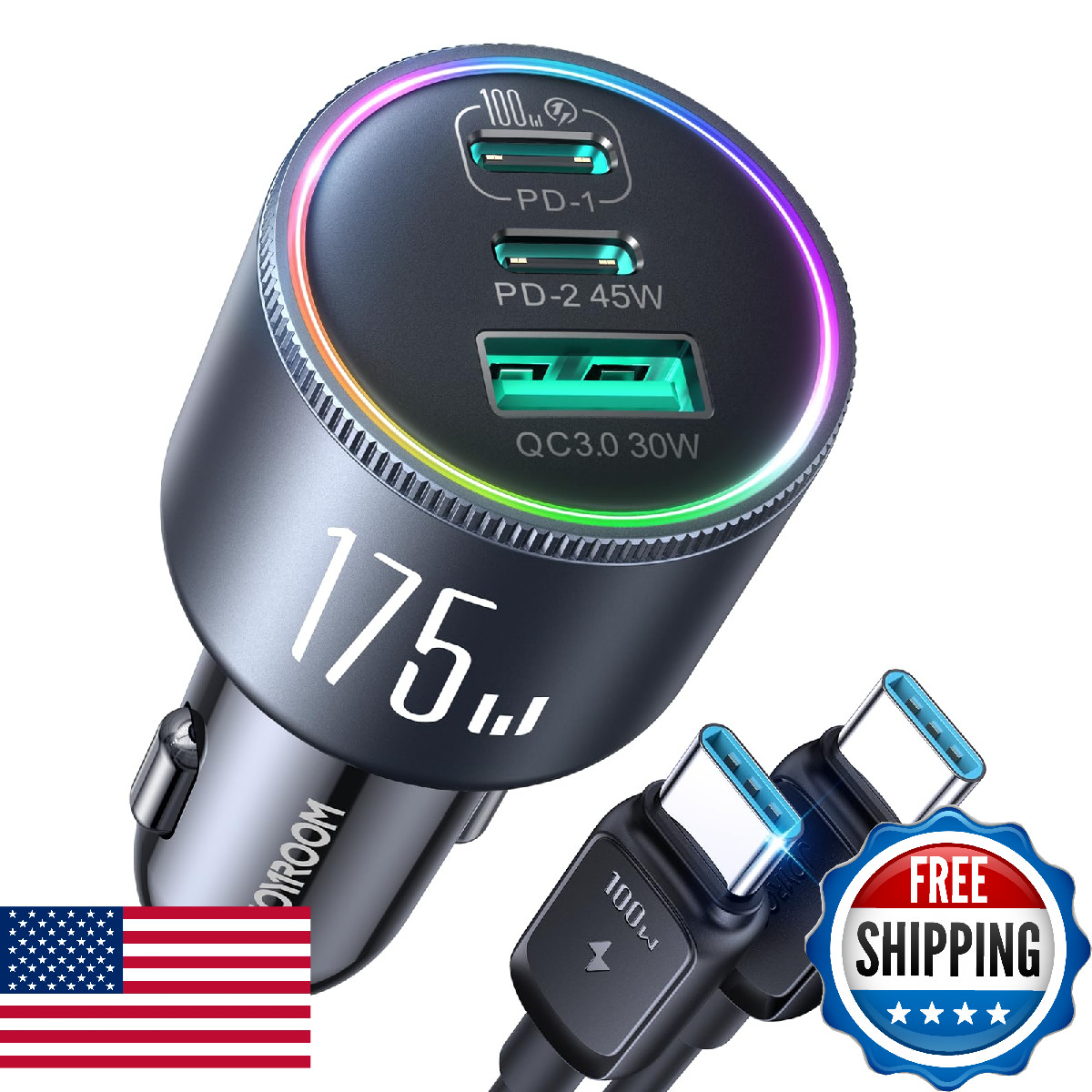 JOYROOM 175W USB C Car Charger Fast Charging, 3-Port Car Phone Charger PD100W+45