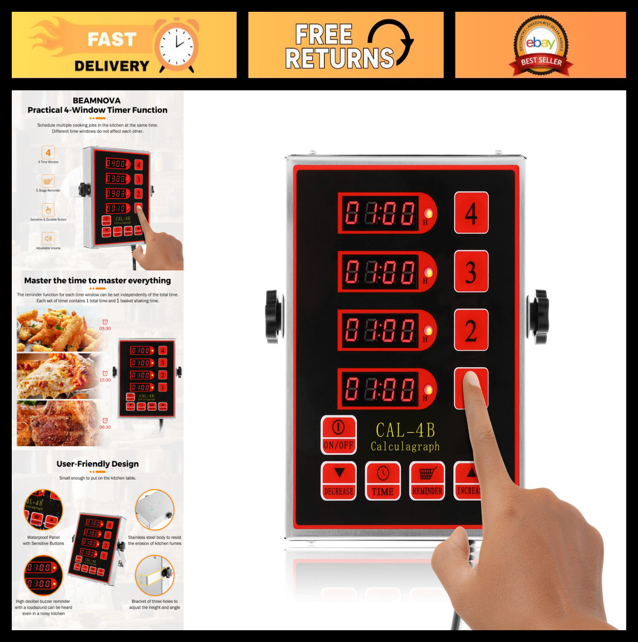 4-Channel Digital Kitchen Timer | Adjustable Loud Alarm, Waterproof, Countdown R