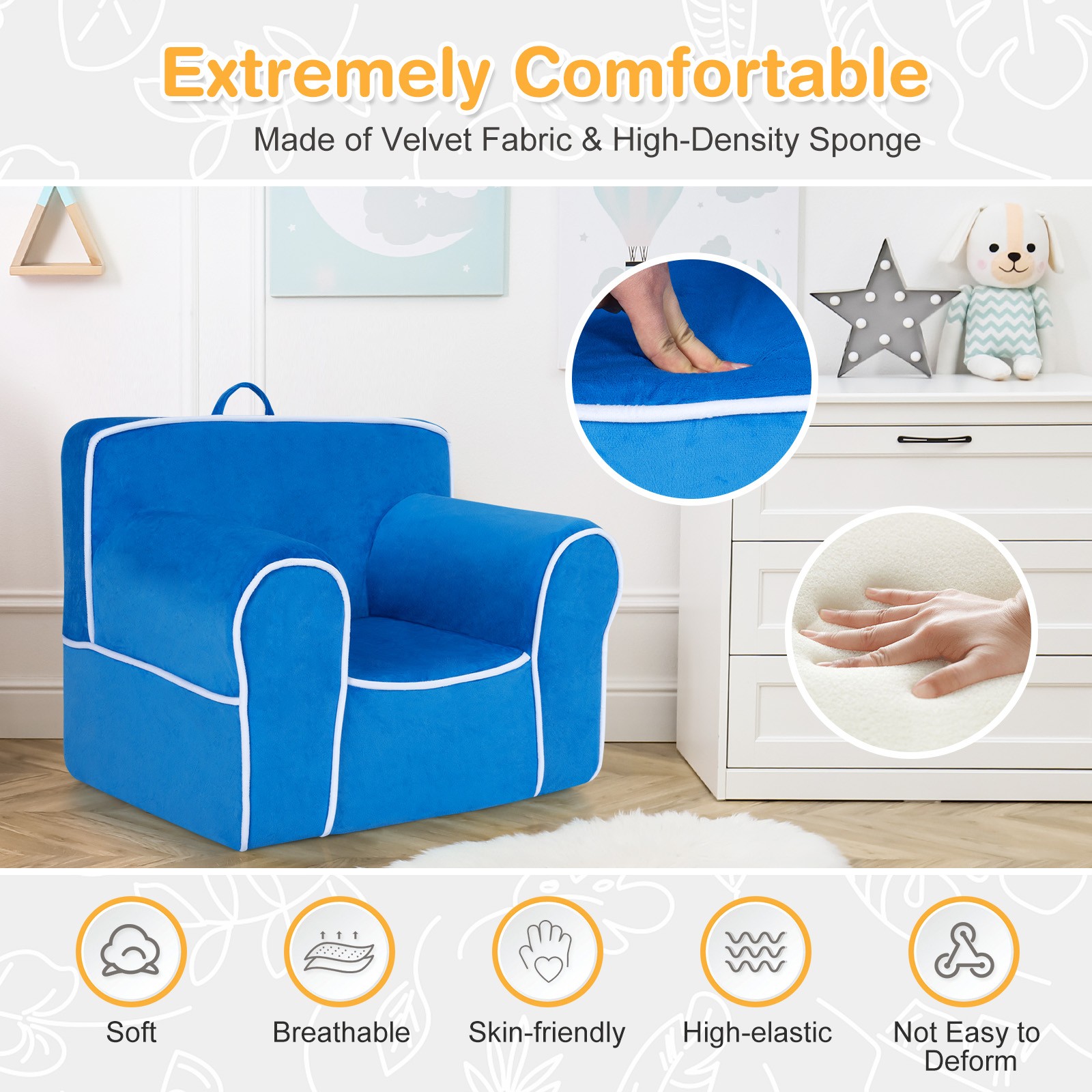 Foam Kids Sofa, Upholstered Kids Sofa w/ Velvet Fabric Baby Perfect Gift Blue