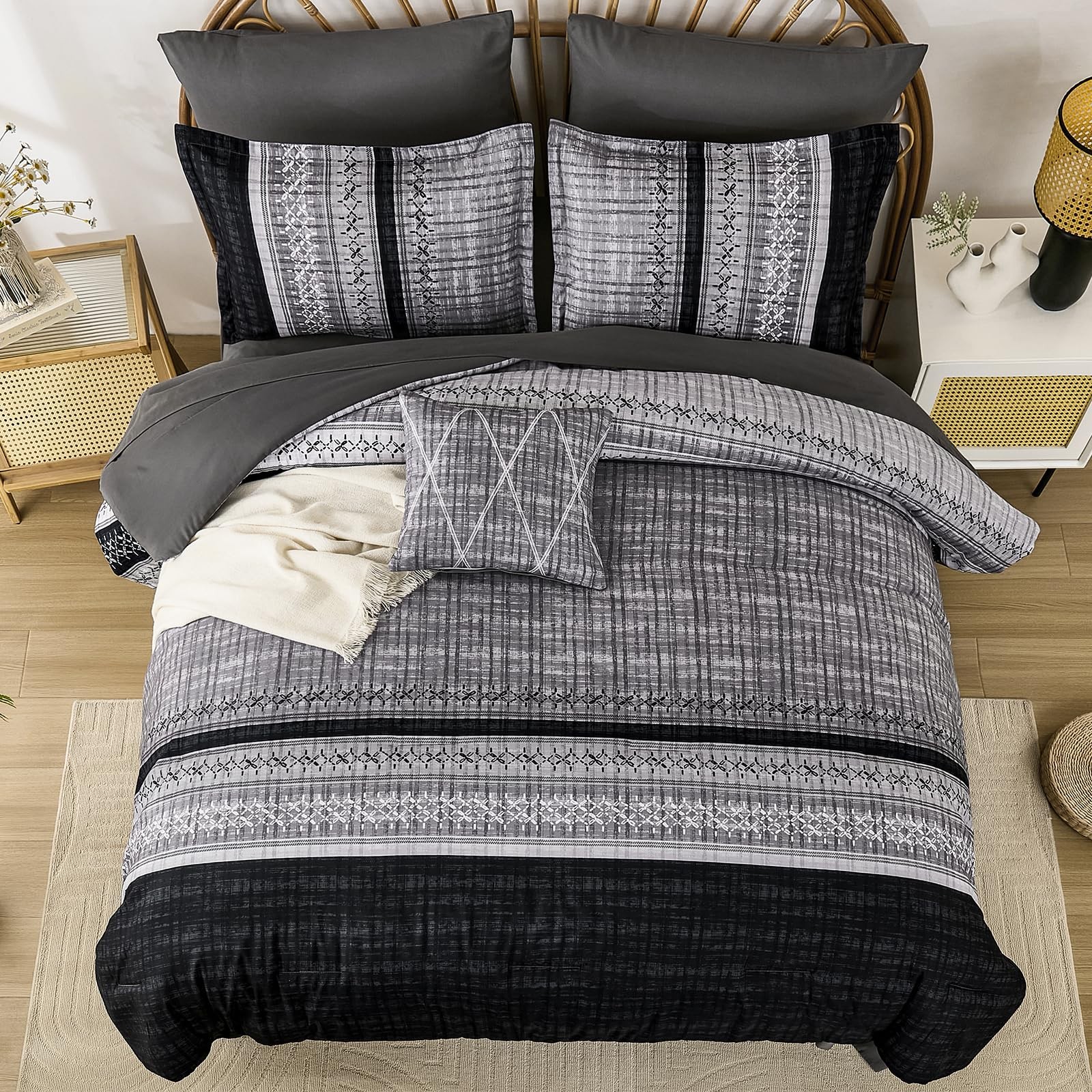 Comforter Set King 90 103 8 Pieces Boho Striped Microfiber Black Dintszyayue
