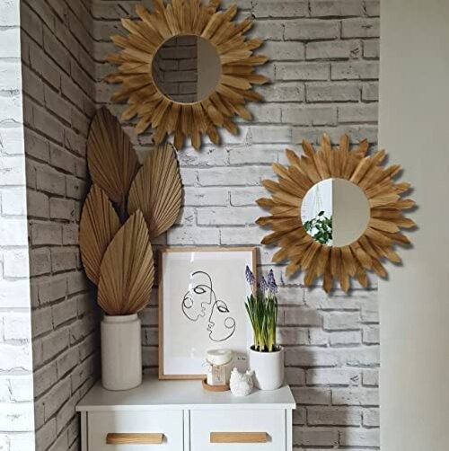 2 Pack 22 Inch Boho Wall Sunburst Mirror Rustic Round Wood Decorative Mirror