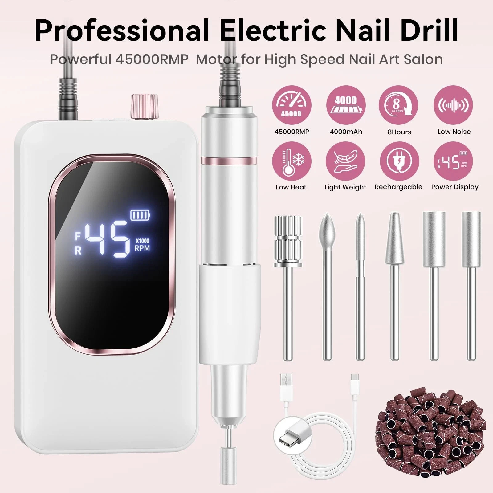 Professional Electric Nail Drill 45000RPM, Portable Nail File for Acrylic Gel Na