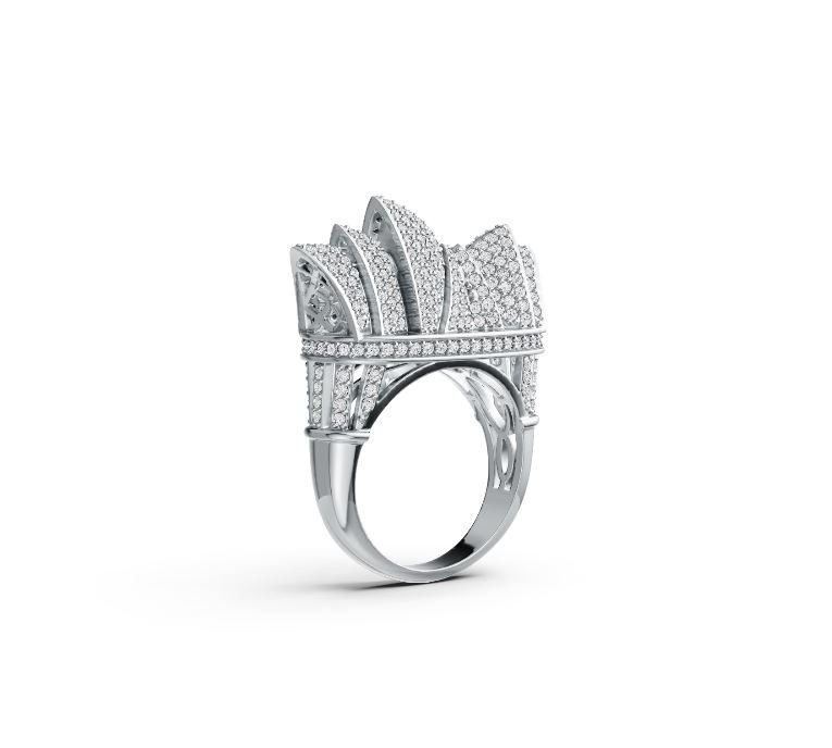 Sterling Silver Ring Sydney Opera House Theme with White Topaz or Moissanite