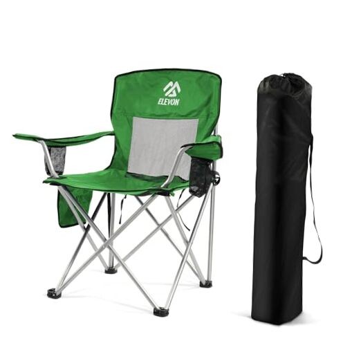 Camping Chair, Portable Folding Outdoor Chair with Arms, Cup Holder and Green